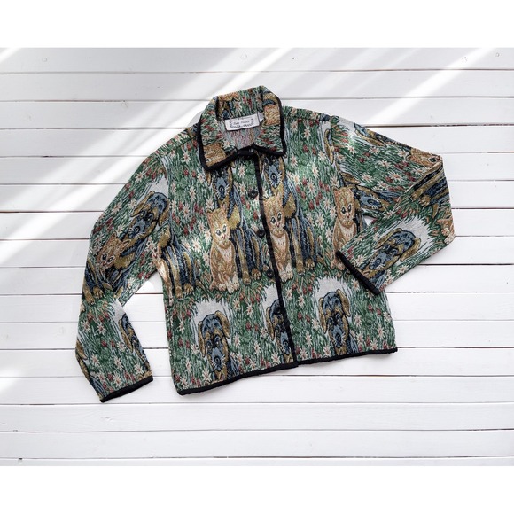 vtg Sara Studio cat kitten puppy dog floral cottagecore woven tapestry jacket - Picture 2 of 5